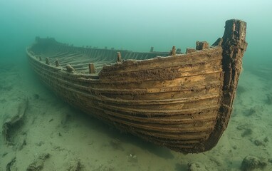 A historic wooden shipwreck submerged in silt revealing its hull and intricate details underwater