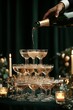 © Miss V - a hand is pouring champagne in Champagne tower with glasses, luxurious green curtains in the background