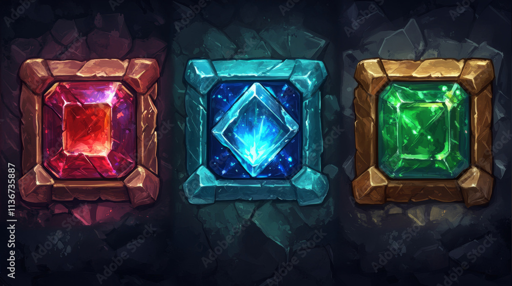 Cartoon set of game crystals isolated on dark background. Vector ...