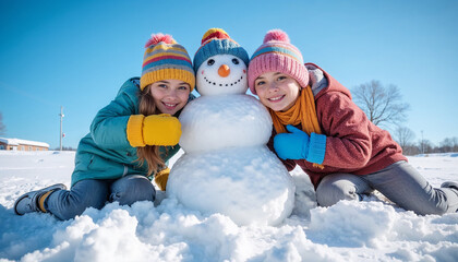 Happy kids building a snowman in a sunny winter landscape