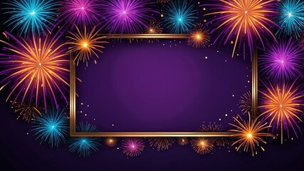 Wall Mural - purple background with border frame of colorful fireworks