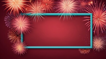 Wall Mural - pastel red background with border frame of colorful fireworks