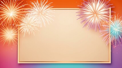 Wall Mural - pastel orange background with border frame of colorful fireworks