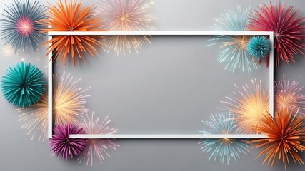 Wall Mural - pastel gray background with border frame of colorful fireworks