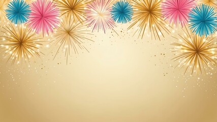Wall Mural - pastel gold background with border frame of colorful fireworks