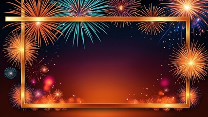Wall Mural - orange background with border frame of colorful fireworks