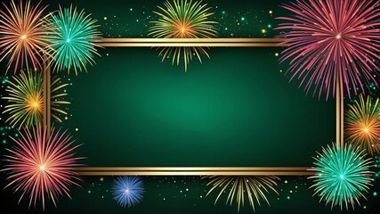 Wall Mural - green background with border frame of colorful fireworks