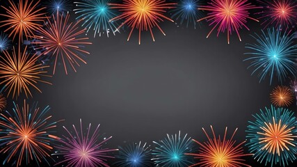 Wall Mural - gray background with border frame of colorful fireworks