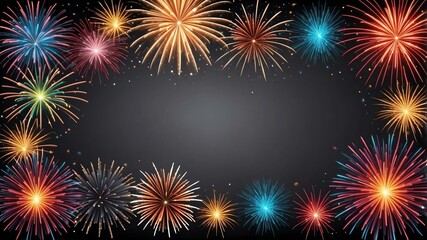 Wall Mural - gray background with border frame of colorful fireworks
