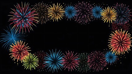 Wall Mural - black background with border frame of colorful fireworks