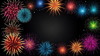 Wall Mural - black background with border frame of colorful fireworks