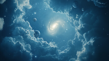 Wall Mural - Blue nebula, spiral galaxy with glowing planets and stars. Space twisted andromeda system with white hole and milky way, deep cosmos with interstellar dust, abstract realistic vector on transparent