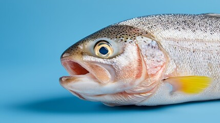 Wall Mural - A close up of a fish with its mouth open on a blue background