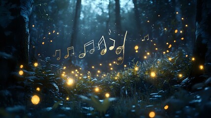 Wall Mural - ethereal silver music notes gently drifting through a moonlit forest, surrounded by glowing fireflie