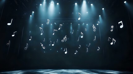Wall Mural - floating glowing white music notes in a dark concert hall illuminated by spotlights