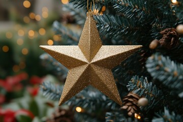 A glittering golden star tree topper shines brightly above festive decorations during the holiday season