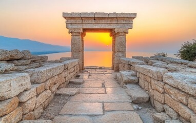 Massive stone gates mark the entrance to a forgotten kingdom in a serene desert landscape at sunset