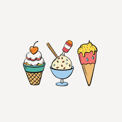 ice cream in waffle, cone, on stick in bowl. retro set of different ice creams. frozen sweet treat, milk dessert, isolated vector illustration