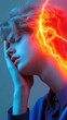 © Friedbert - Contemplative Young Woman with Electric Lightning and Dramatic Blue Lighting Headache concept.
