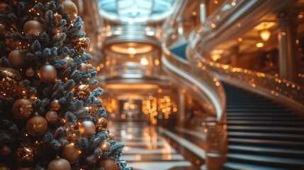 Blurred image of a luxurious cruise ship interior in New Year's style is decorated with Christmas decorations. Bokeh And Glittering Effect On Background.