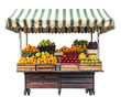 © HridoyDesigns - Fruit stall with a variety of fruits and a striped canopy, isolated on white.