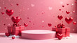 © Irentravel - Happy Valentine Day background with cylindrical podium for promotion. Round stage for presentation sale product. Stage pedestal or platform in snow between pink hearts, pink gift boxes