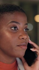 Fototapete - Phone call, business and night with black woman in office for feedback, research and schedule. Communication, networking and contact with female employee for startup, conversation and report
