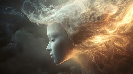 Poster - Ethereal Portrait of a Woman with Flowing Hair and Dreamy Smoke Effects, Capturing the Mystical Essence of Beauty and Serenity in a Surreal Art Style