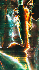 Wall Mural - damaged foil texture. aged film overlay. green orange white color stain light flare scratch defect c