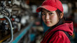 © Kalana - A delicate expression graces the face of a young woman in a bustling factory setting, her red jacket and cap adding a vibrant pop of color amid the industrial backdrop.