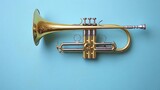 Golden trumpet musical instrument close-up isolated on blue background, perfect for music events, concerts, jazz festivals, education, and creative artistic projects with vibrant calm mood