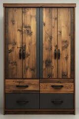 Rustic wooden wardrobe with two drawers and four doors.