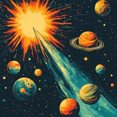 Wall Mural - explosive cosmic event showcasing planets and stars outer space digital art vivid environment wide-a