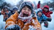 © DachAI - An energetic boy laughing joyfully in a snowy landscape, showcasing childhood innocence and the pure delight of playful moments shared with friends in the winter snow.