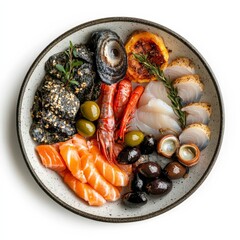 Wall Mural - Ceramic plate with seafood and olives on white.