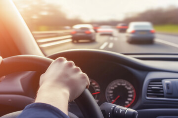 Man driving a car on the highway, close-up of hands holding the steering wheel