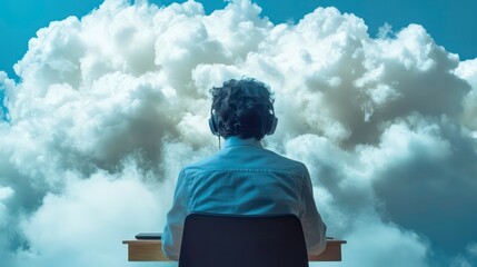 Rear view of a programmer working on code with a cloud computing concept.