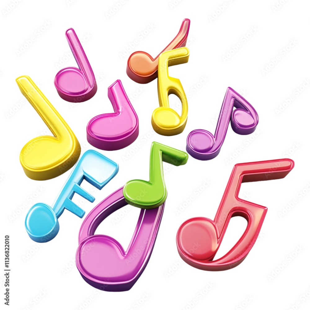 A 3D rendering of colorful musical notes flowing with vibrant hues ...