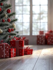 Wall Mural - Beautiful Christmas gift boxes on floor near fir tree in room