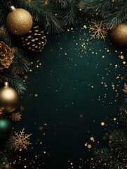 Wall Mural - beautiful dark christmas background with green and golden, shining decoration and empty space. copy 