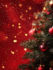 Wall Mural - christmas background with xmas tree and sparkle bokeh lights on red canvas background. merry christm