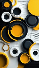 Wall Mural - Abstract design with white, black, and yellow circular patterns on layered background