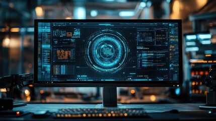 Futuristic digital interface on a computer monitor in a high-tech setting.