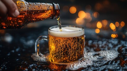 Wall Mural - Pouring amber beer from bottle into glass mug, bokeh background.