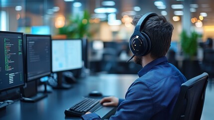 Young male programmer with headphones coding on dual monitors in modern tech office, software development, technology, work-from-home, productivity, concentration, IT professional, startup atmosphere