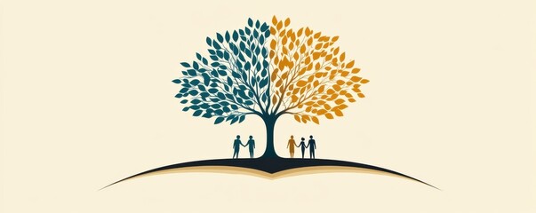 Family symbols beneath a colorful tree representing growth and unity