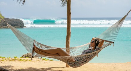 Wall Mural - Young hispanic female relaxing in hammock by tropical beach with turquoise waters