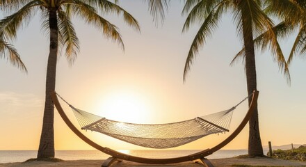 Wall Mural - Serene sunset between palm trees with hammock on tropical beach