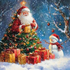 Wall Mural - christmas tree decorations, santa claus with gifts, snowman in the snow, christmas gift boxes