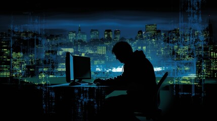 Silhouette of a programmer coding on a screen in dark blue and grey for a tech inspired vibe